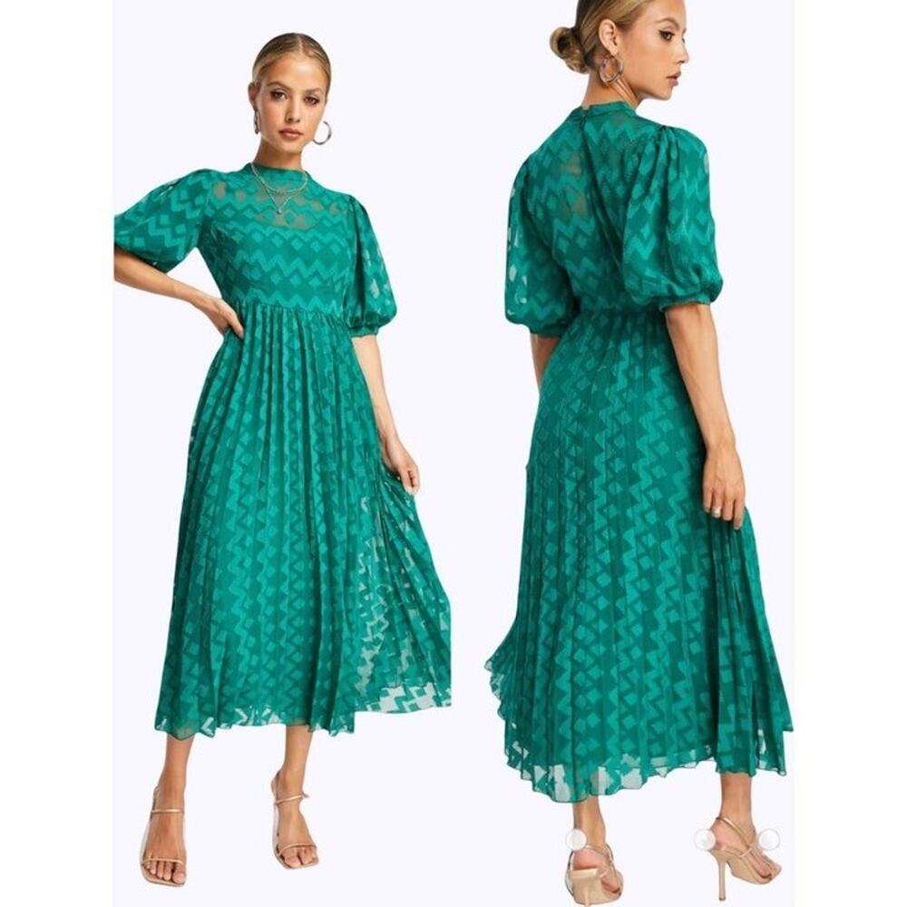 ASOS DESIGN Green Chevron Jacquard Pleated Midi Dress High Neck Puff Sleeve US 2